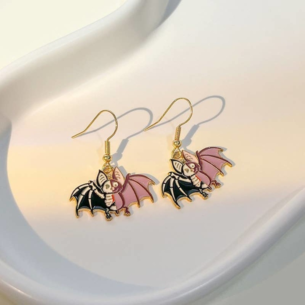 Enamel Skeleton Bat Fishhook French Loop Dangle Earrings